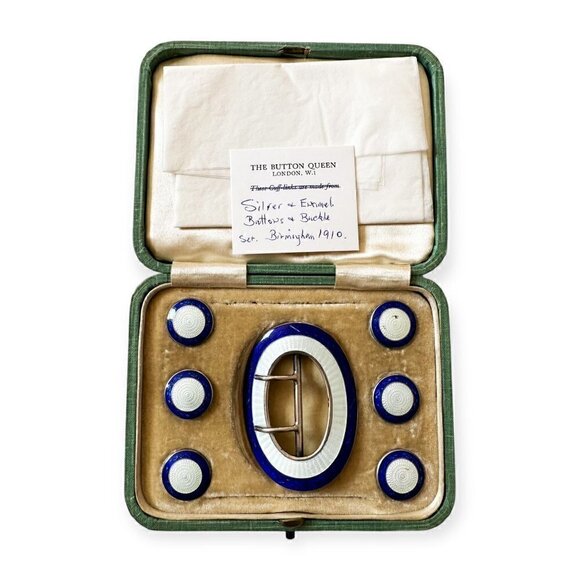 Vintage English Antique sterling silver/ enamel belt buckle and 6 buttons in the - Picture 11 of 11